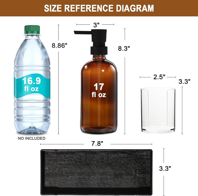 TOLDATLI Mouthwash Dispenser for Bathroom, Glass Mouth Wash Pump Dispenser with Cup Holder, 17 Fl Oz Mouthwash Bottle Decanter with Tray, Refillable Mouthwash Dispenser Container, Stylish (Amber) - Image 2